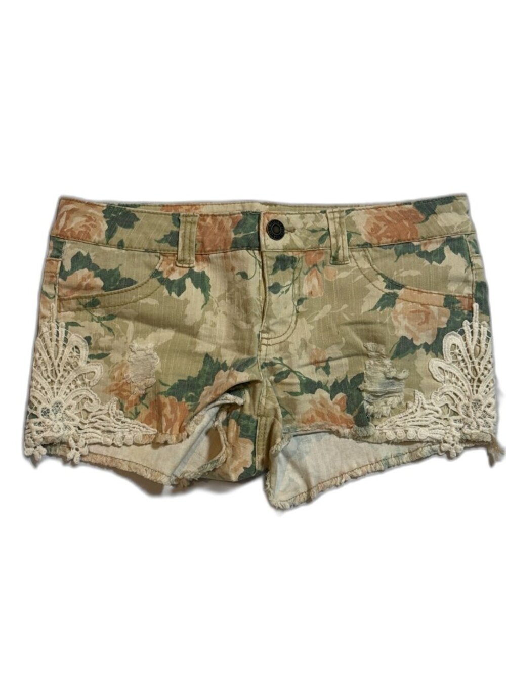 Mossimo Supply Co Womens Floral Denim Shorts Size 9 Lace Crochet Distressed